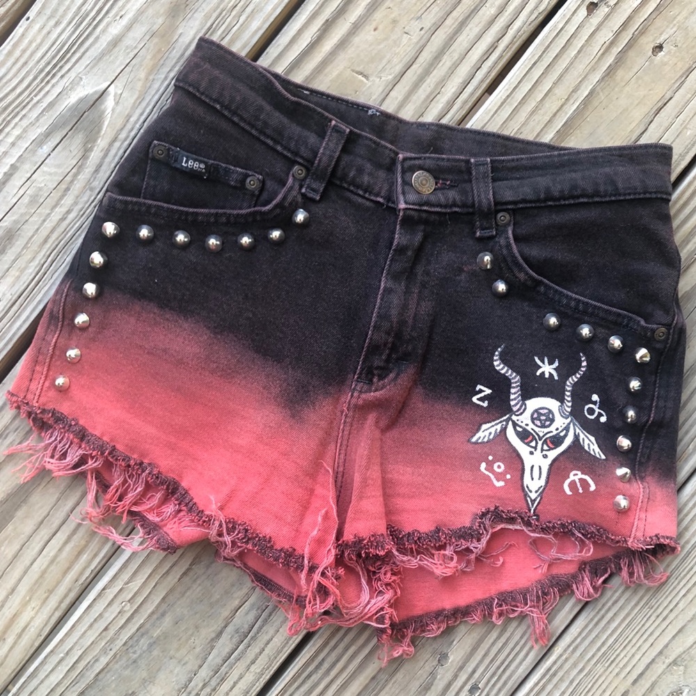 Studded, Dip-Dyed, Painted, Cut-Off Denim Shorts